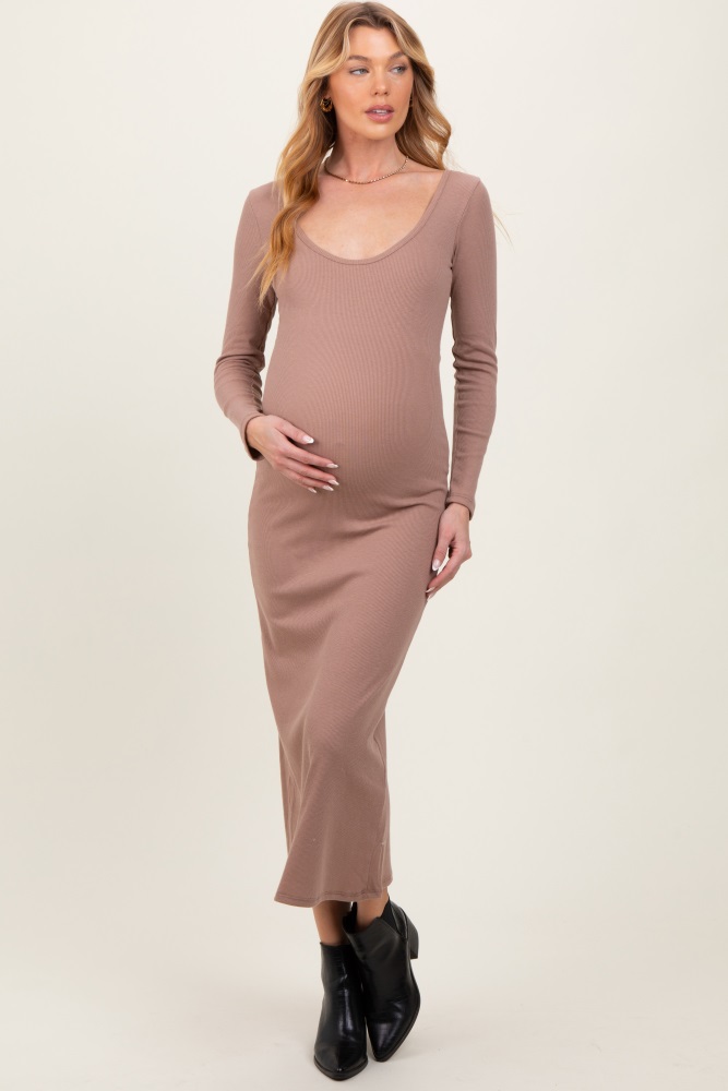 mocha scoop neck long sleeve maternity midi dress