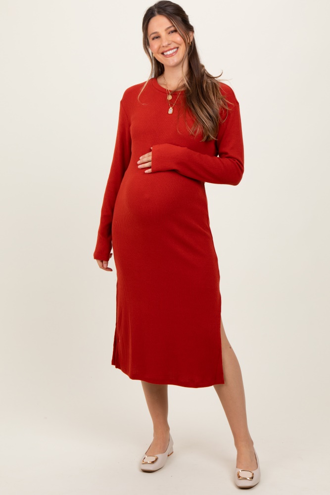 red ribbed knit long sleeve side slit maternity midi dress