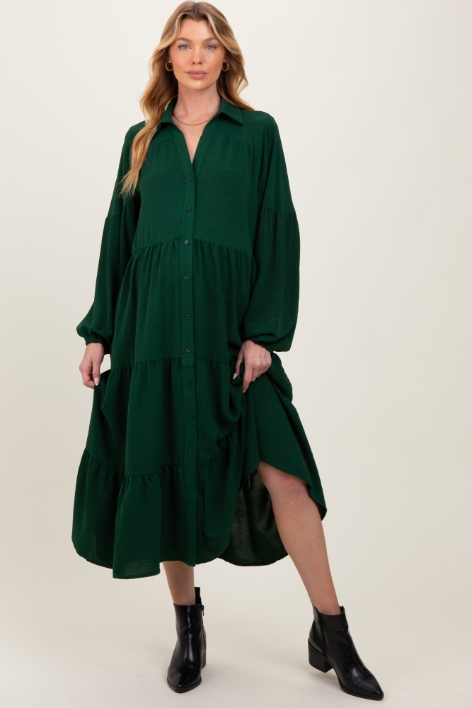 forest green tiered button down long sleeve maternity maxi dress