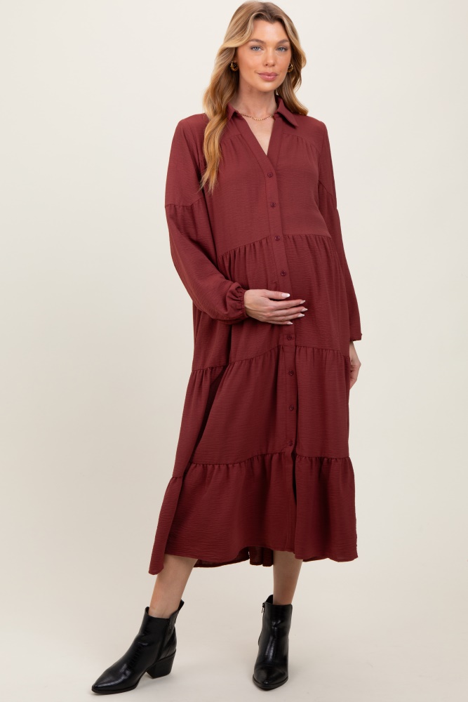 rust tiered button down long sleeve maternity maxi dress