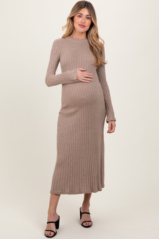 light mocha ribbed knit maternity midi sweater dress