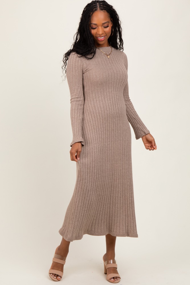 Light Mocha Ribbed Knit Midi Sweater Dress