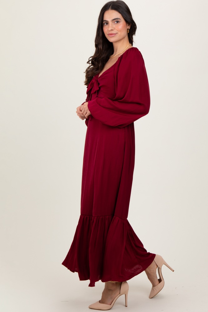 burgundy bow satin maxi dress