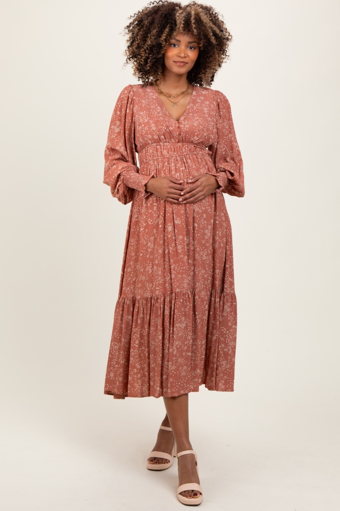 mauve floral button maternity maxi dress