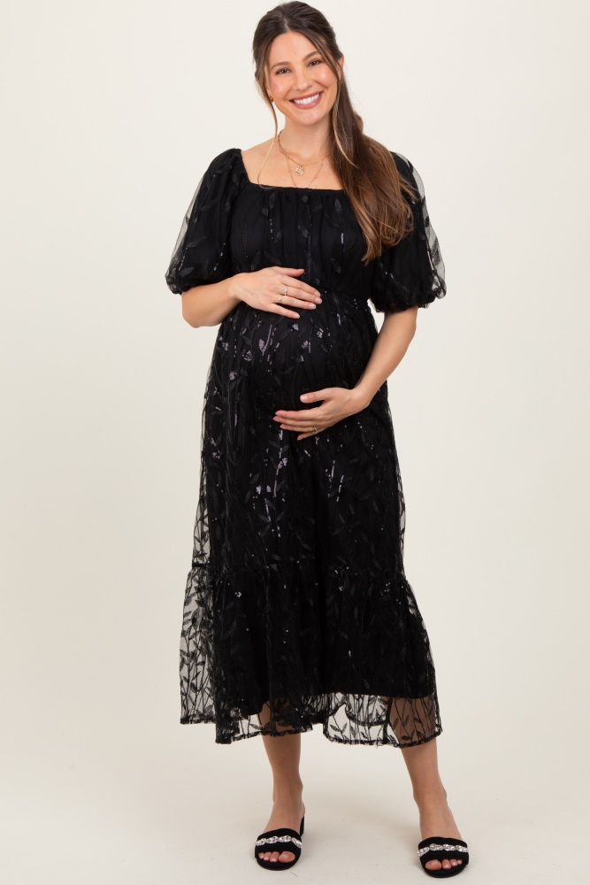 black embroidered sequin detail mesh overlay maternity maxi dress