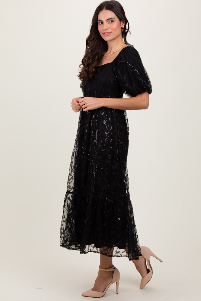 black embroidered sequin detail mesh overlay maxi dress