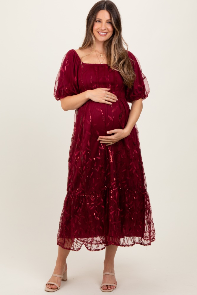 burgundy embroidered sequin detail mesh overlay maternity maxi dress