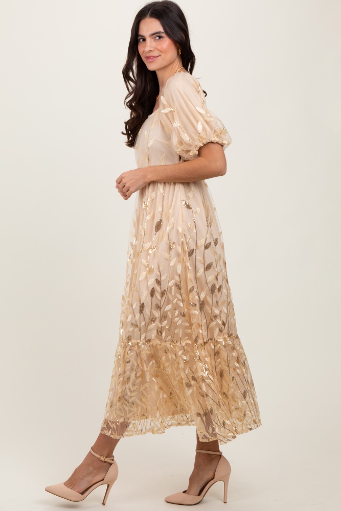 cream embroidered sequin detail mesh overlay maxi dress