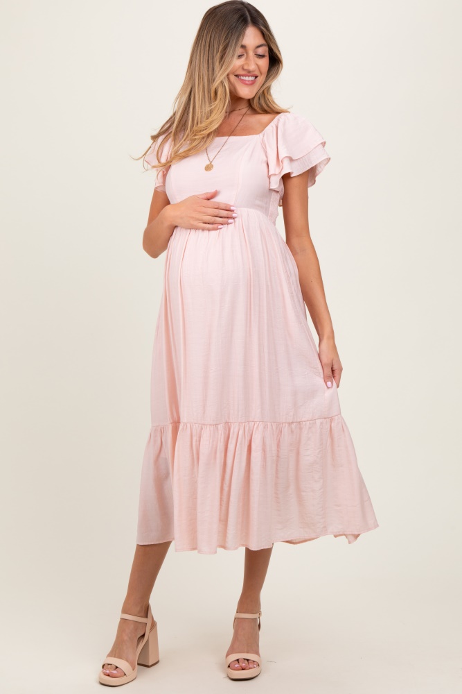 Pink Textured Dot Smocked Square Neck Chiffon Maternity