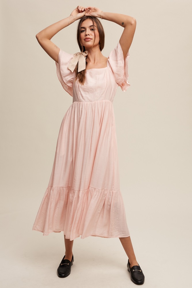 Light Pink Flutter Sleeve Midi Dress  PinkBlush