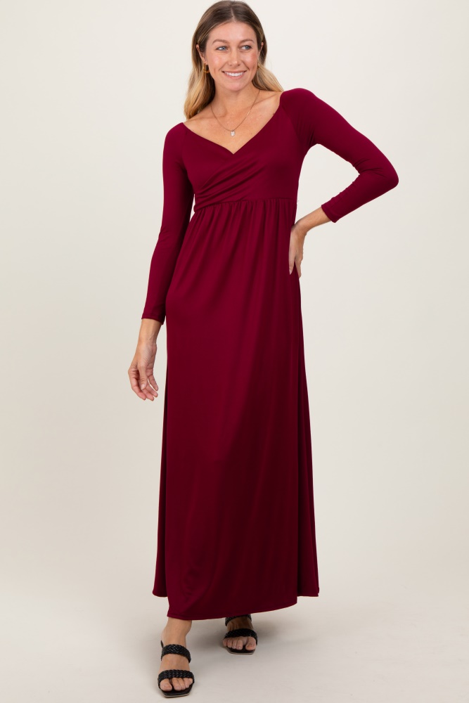 burgundy wrap front empire waist maxi dress