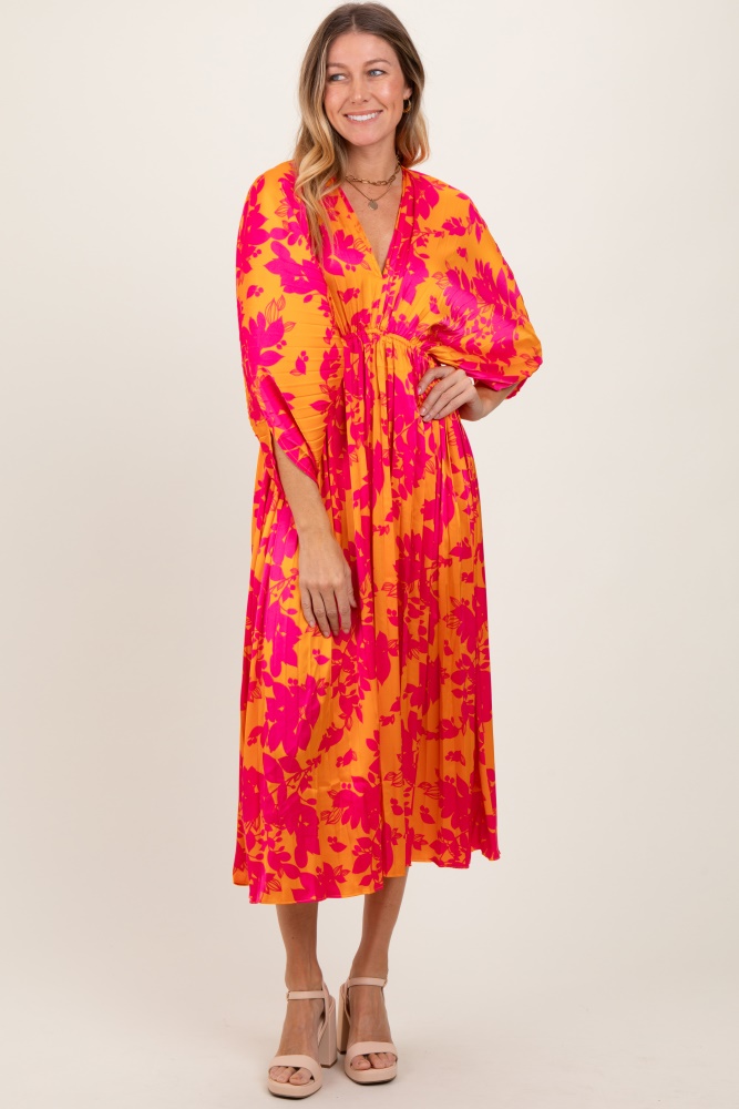 orange floral satin pleated v-neck maxi dress