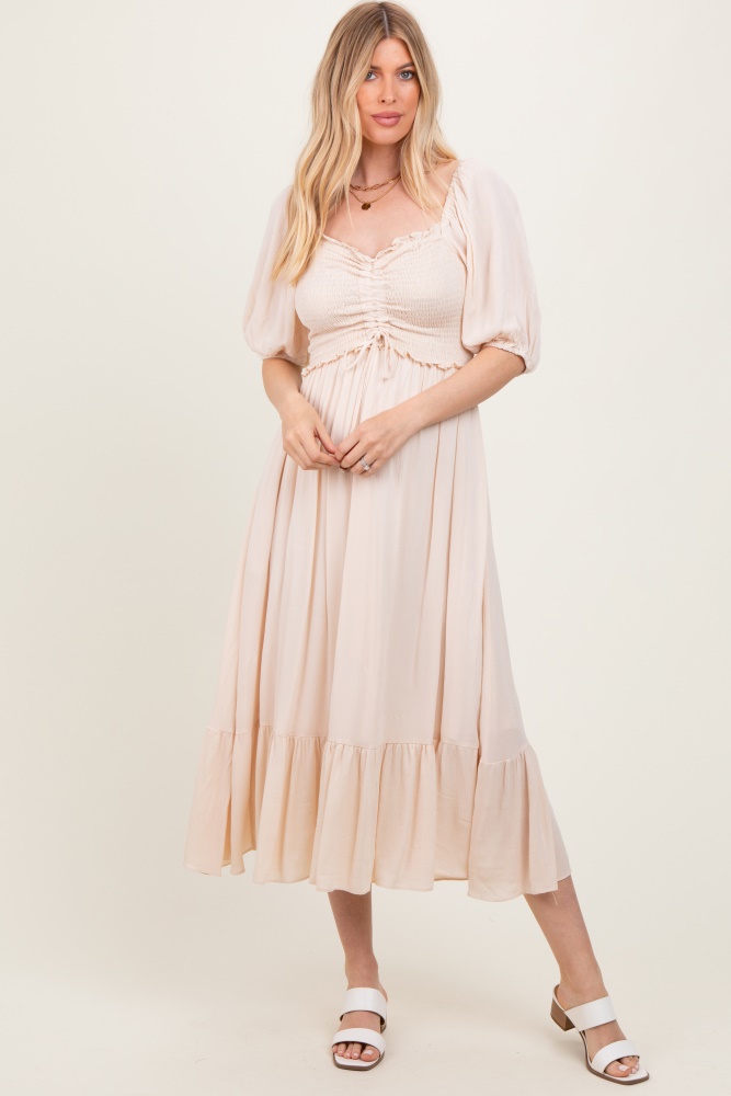 taupe smocked cinched front maxi dress