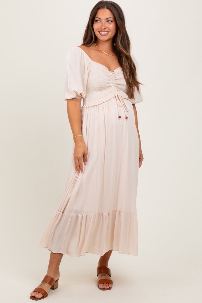 taupe smocked cinched front maternity maxi dress