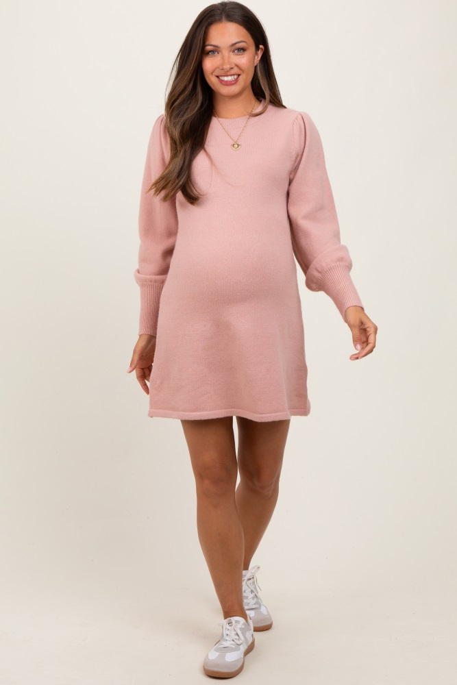 Pink Knit Bubble Sleeve Maternity Mini Dress