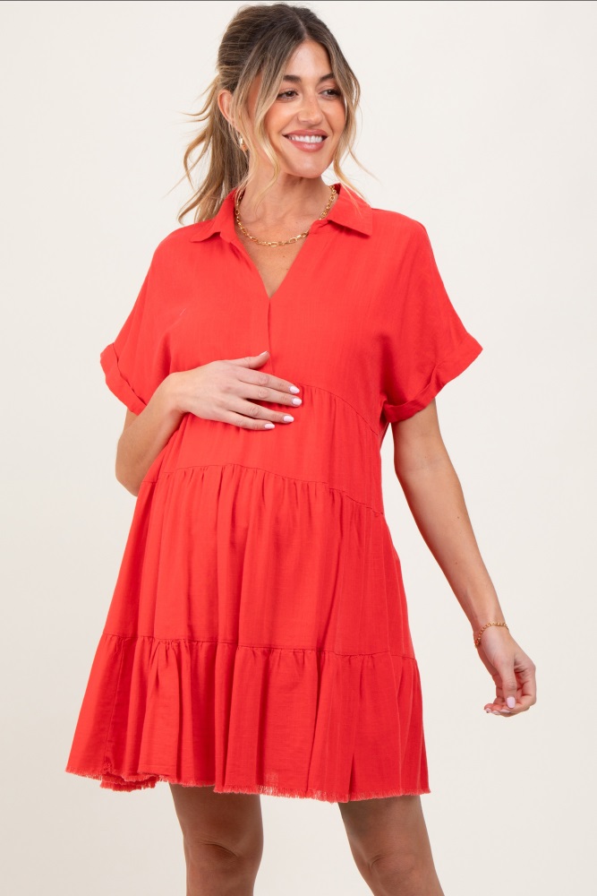 coral tiered linen maternity dress