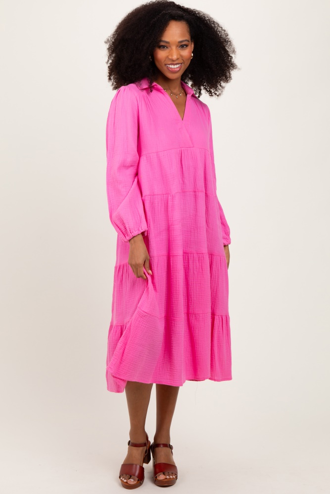 fuchsia light weight collared tiered midi dress
