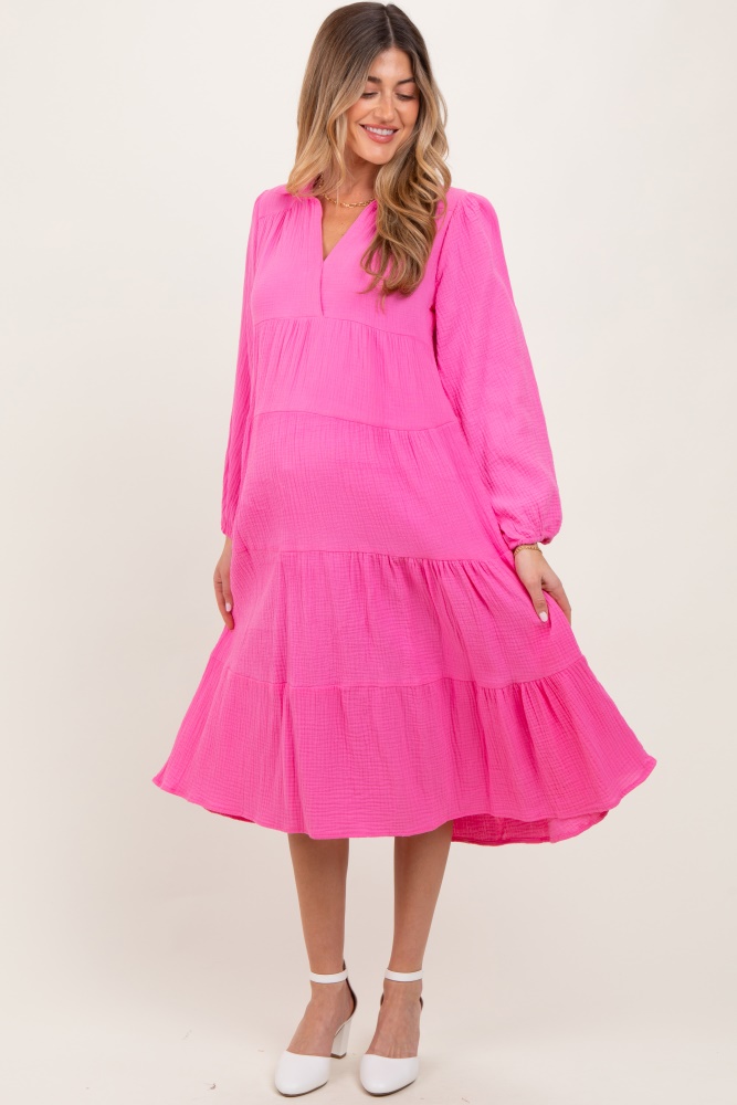 fuchsia light weight collared tiered maternity midi dress
