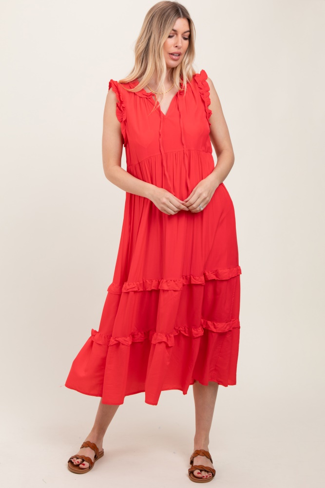 red ruffle accent tiered front tie midi dress