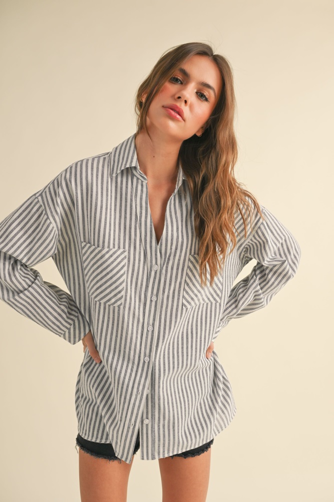 Navy Striped Double Pocket Button Down Top