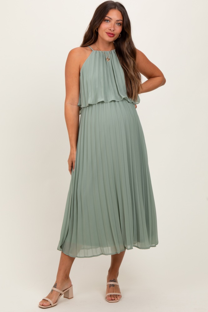 light olive pleated woven maternity midi dress
