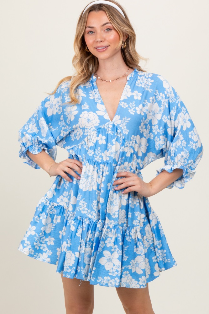 light blue floral deep v-neck mini dress