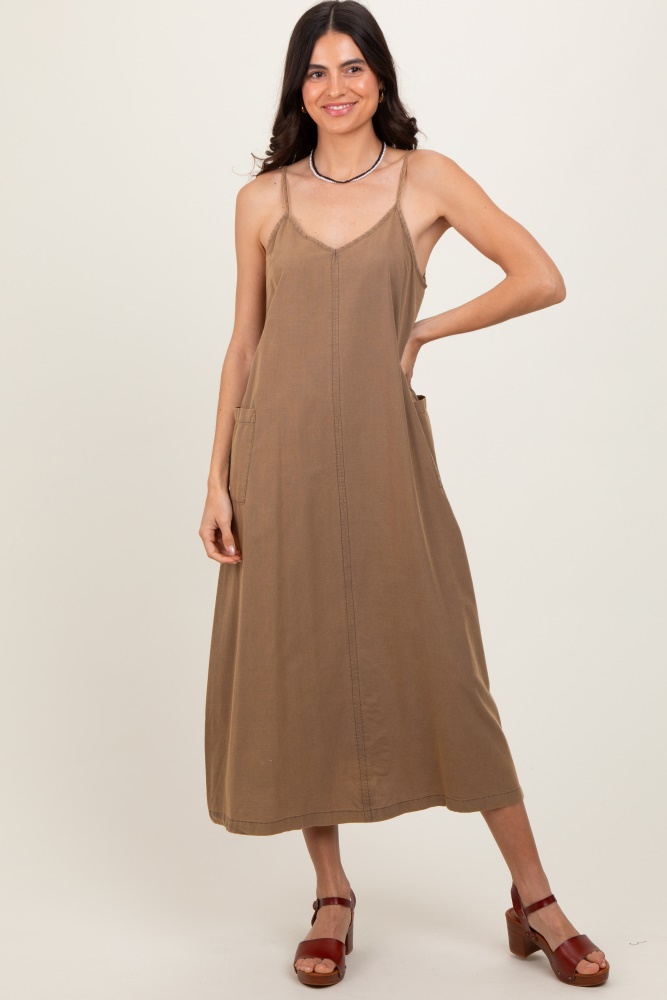 olive v-neck overall midi dress