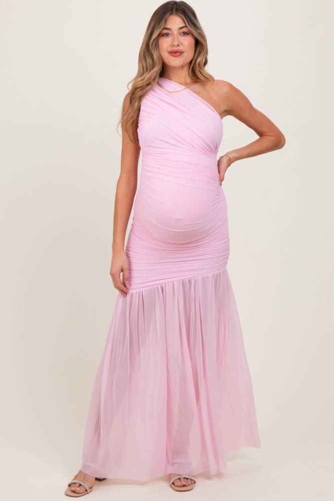 Light Pink Mesh One Shoulder Maternity Maxi Dress