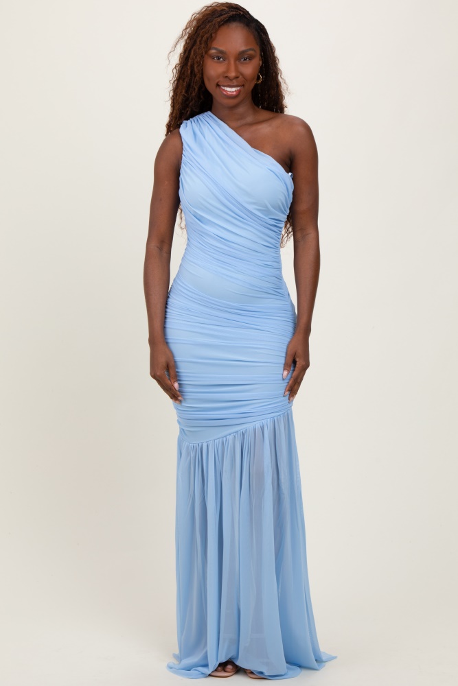 Light Blue Ruched Mesh One Shoulder Maxi Dress