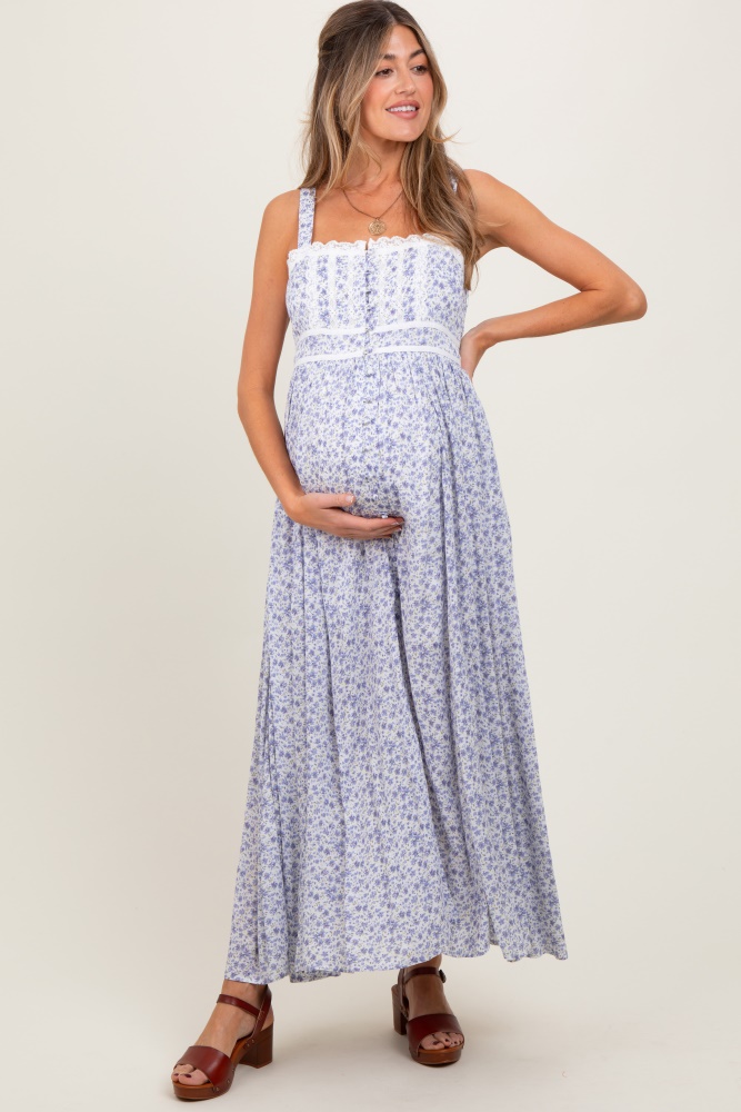Light Blue Floral Smocked Fitted Maternity Dress  PinkBlush