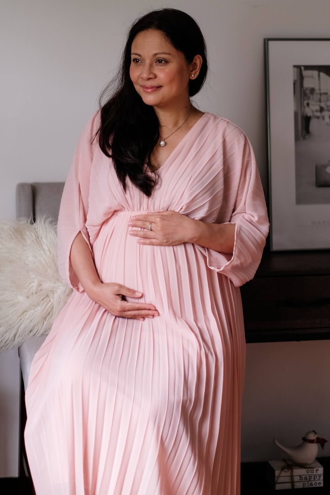 maternity elegant v-neck stitching mesh gown pink dress Harlow Elegant V Neck Ruffles Long Sleeve Maternity Dress for Photosho