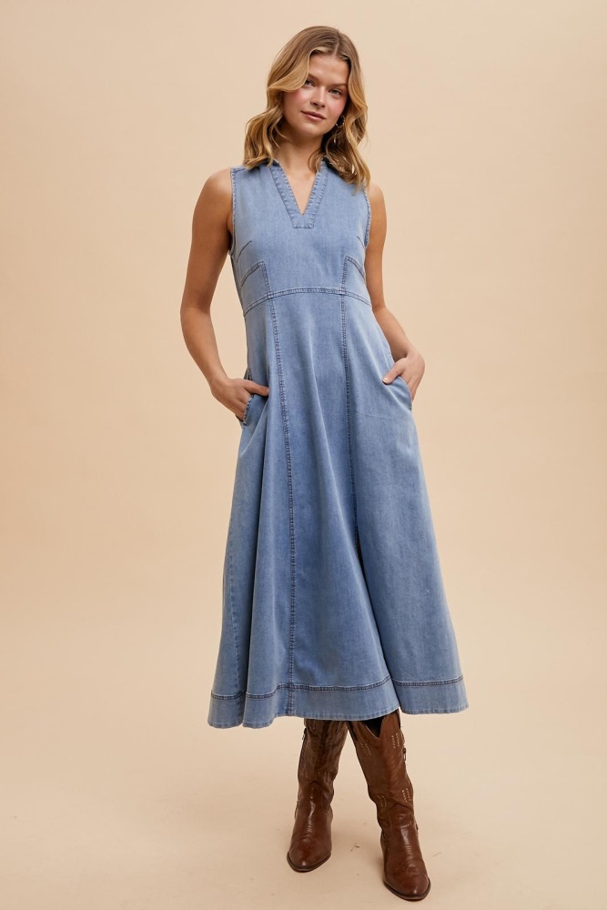 blue medium wash collared denim flare midi dress