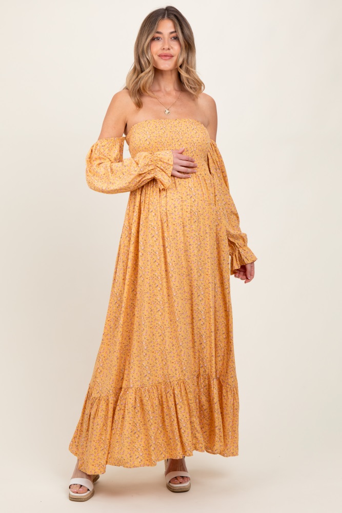 Yellow Floral Smocked Ruffle Maternity Dress  PinkBlush