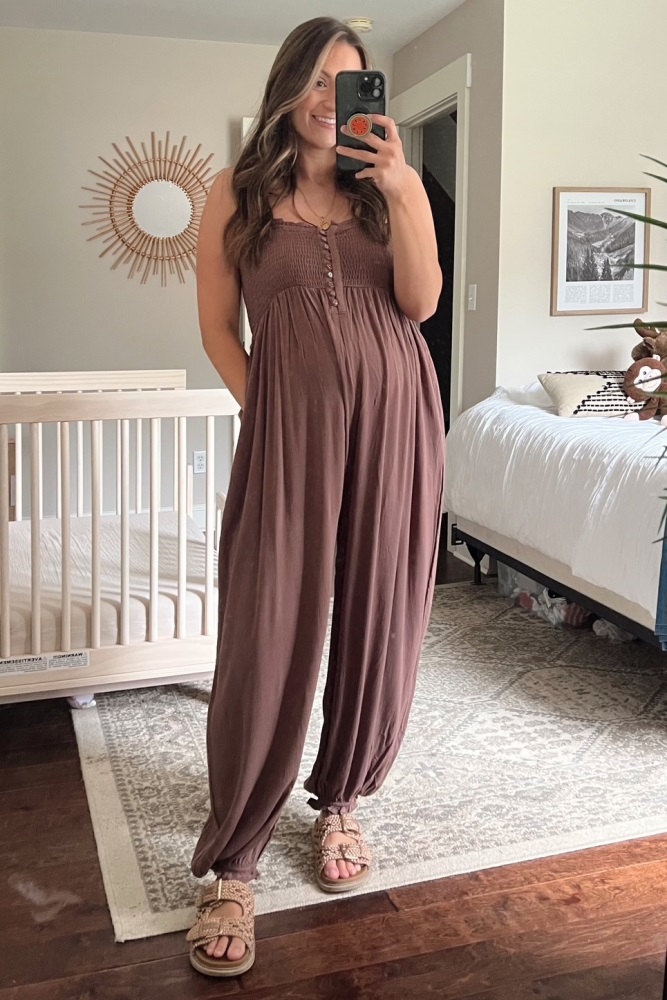 Mocha Smocked Button Front Shoulder Tie Maternity Jumpsuit – PinkBlush