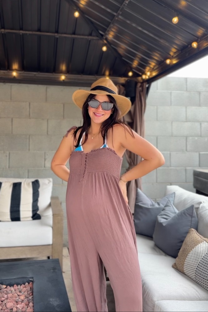 Mocha Smocked Button Front Shoulder Tie Maternity Jumpsuit – PinkBlush