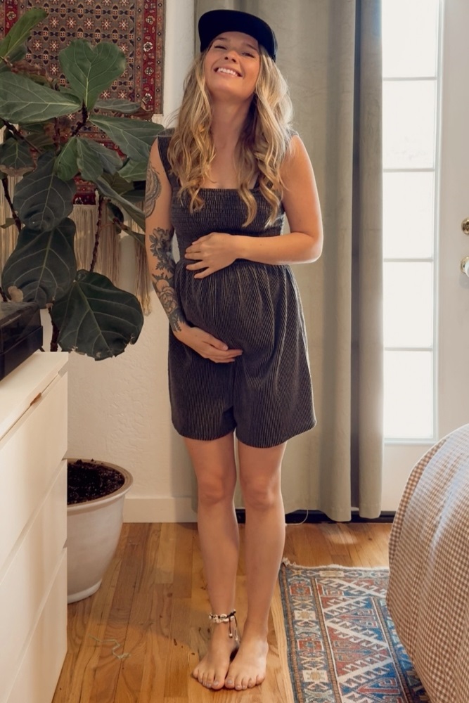 Charcoal Ribbed Smocked Bodice Maternity Romper