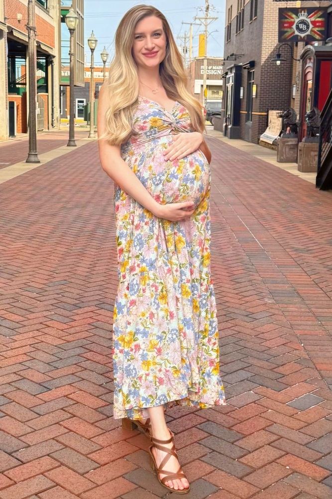 green emerald velvet dress Pinkblush Green Floral Ruffle Off Shoulder Maternity Maxi Dress Large