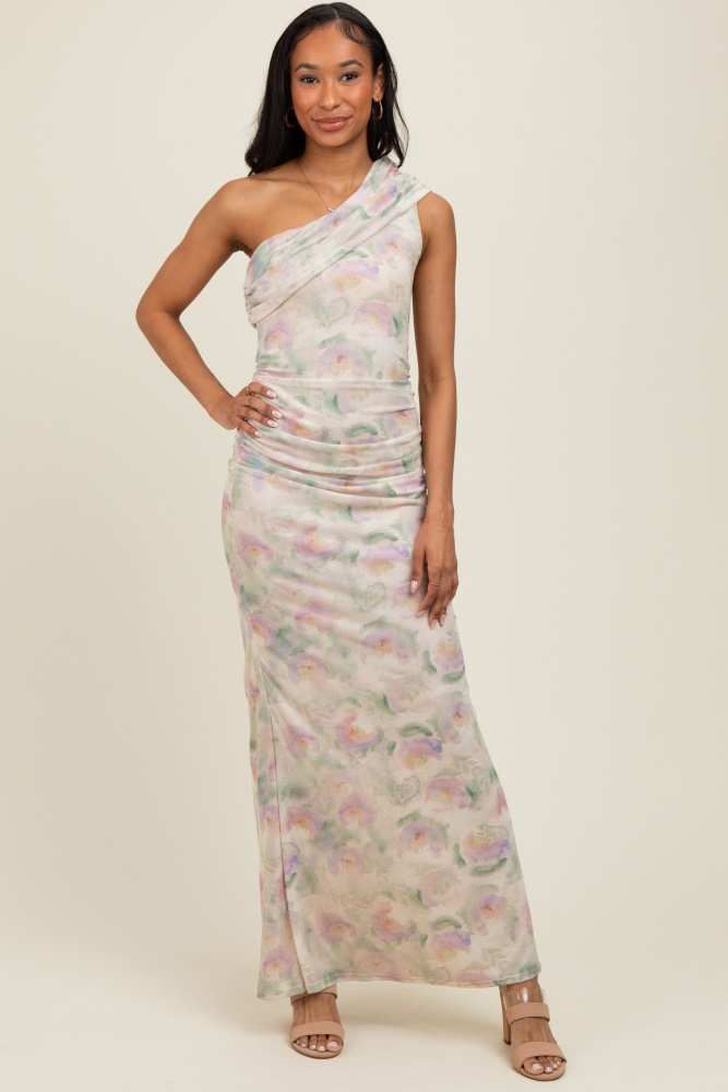 Cream One Shoulder Ruched Maxi Dress