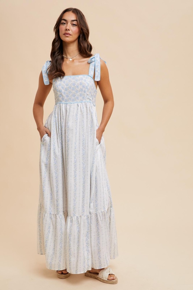 Light Blue Floral Lace Trim Tiered Maxi Dress – PinkBlush