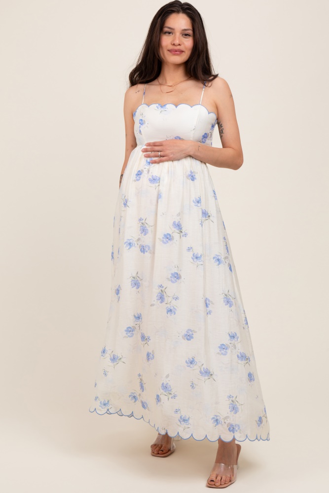 Light Blue Floral Smocked Fitted Maternity Dress  PinkBlush