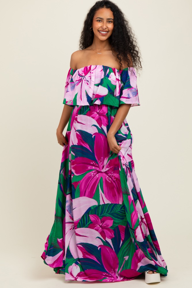 Purple Tropical Floral Off Shoulder Flounce Maxi Dress