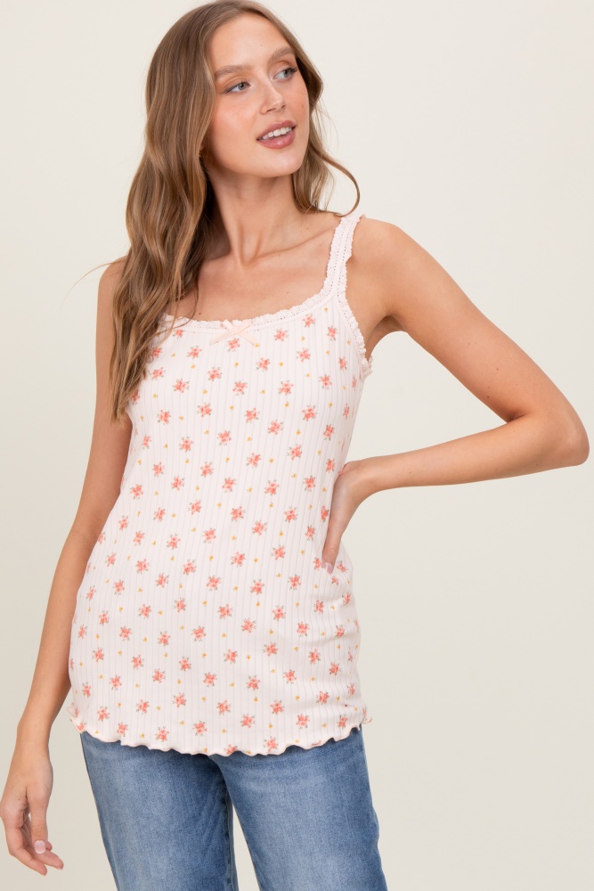 Peach Ditsy Floral Lace-Trim Tank Top