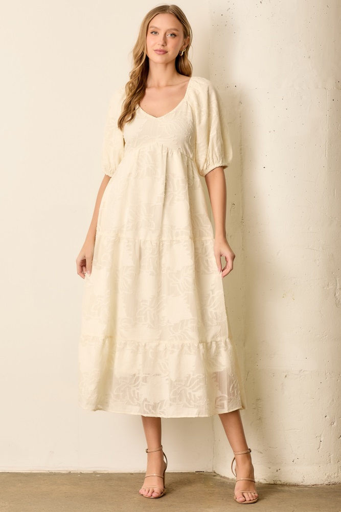 Cream Leaf Textured Tiered Midi Dress