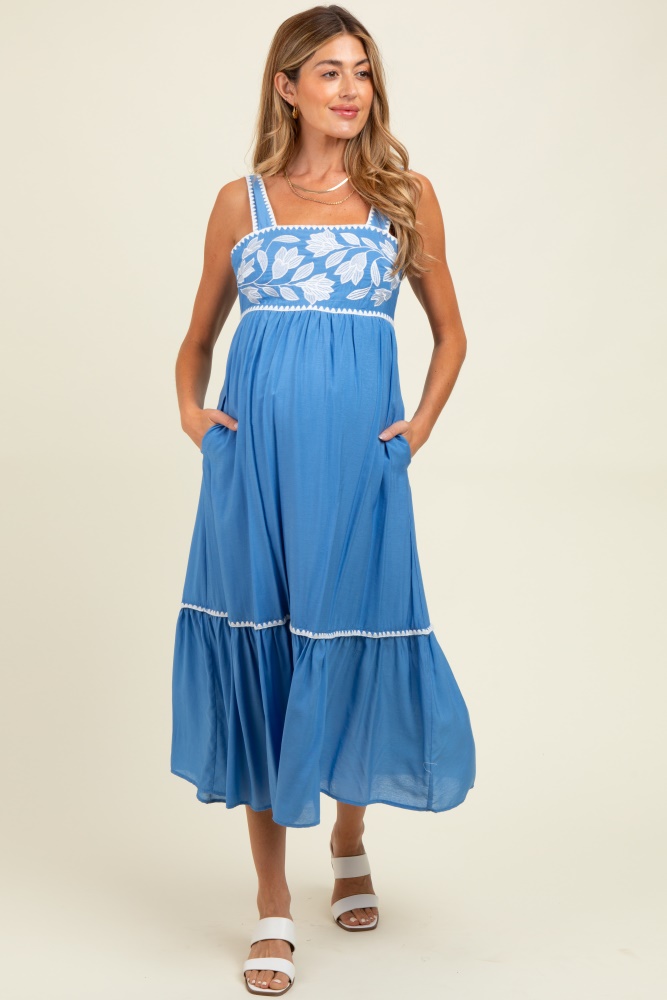 Mint Textured Square Neck Puff Sleeve Maternity Midi Dress