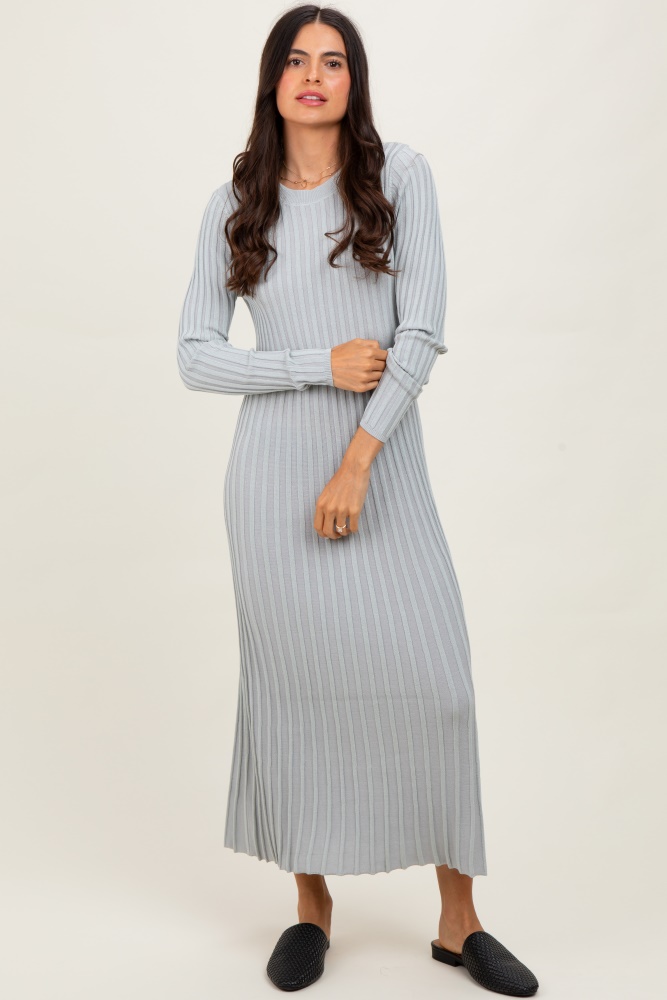 Grey Ribbed Long Sleeve Sweater Midi Dress