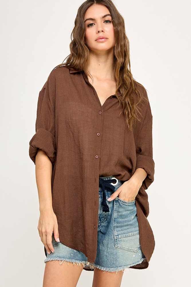 Light Brown Sheer Button Down Blouse