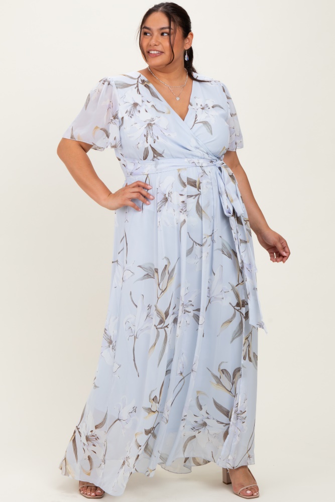 Light Blue Floral Chiffon Sash Tie Plus Maxi Dress
