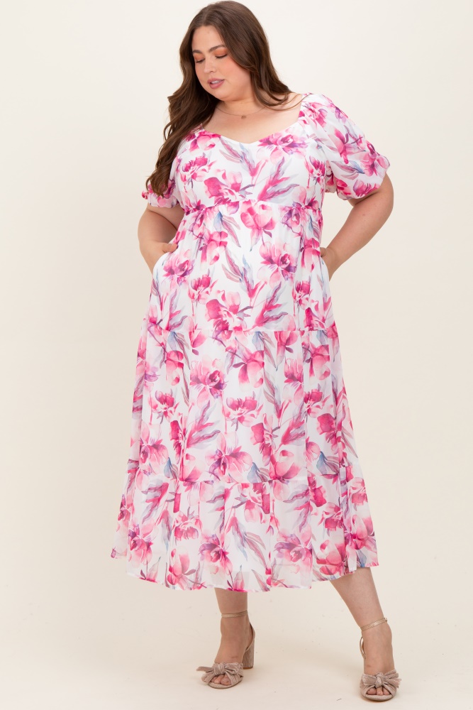 Pink Floral Chiffon Puff Sleeve Maternity Plus Midi Dress