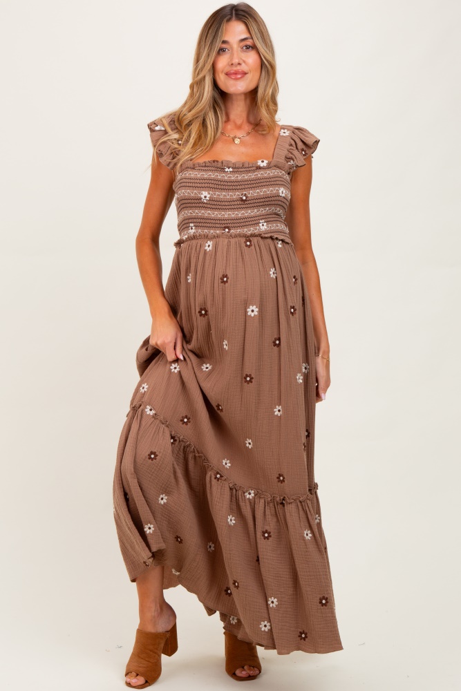 Brown Floral Smocked Waist Maternity Maxi Dress  PinkBlush