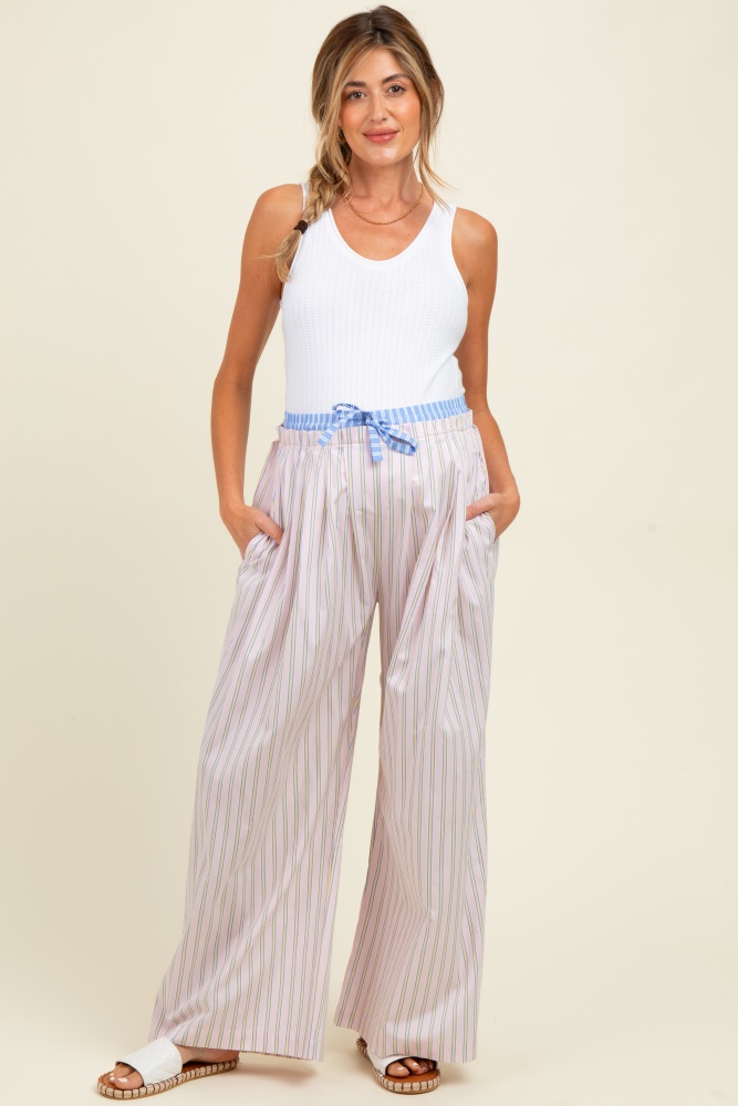 Light Pink Striped Drawstring Wide Leg Maternity Pants